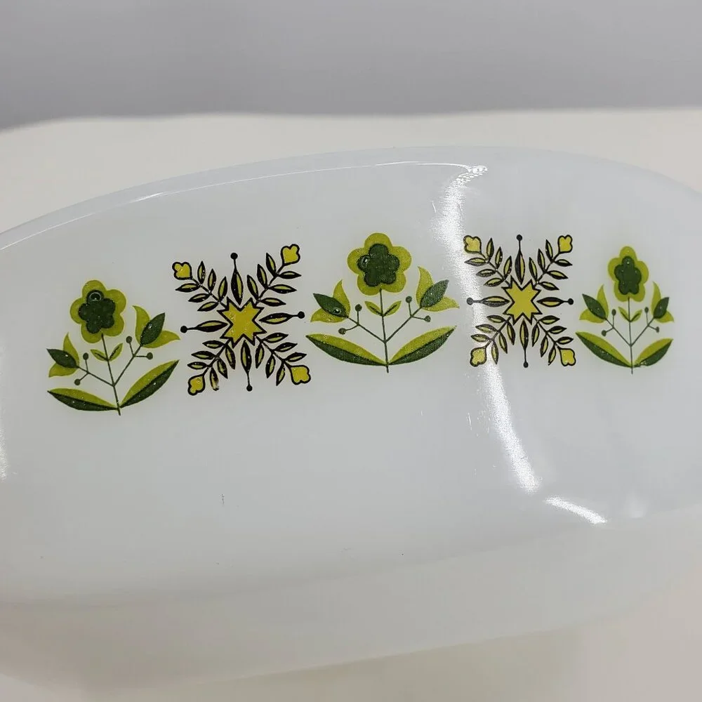 Vintage Anchor Hocking Co Meadow Green‎ Print 2 Circle Casserole Dishes